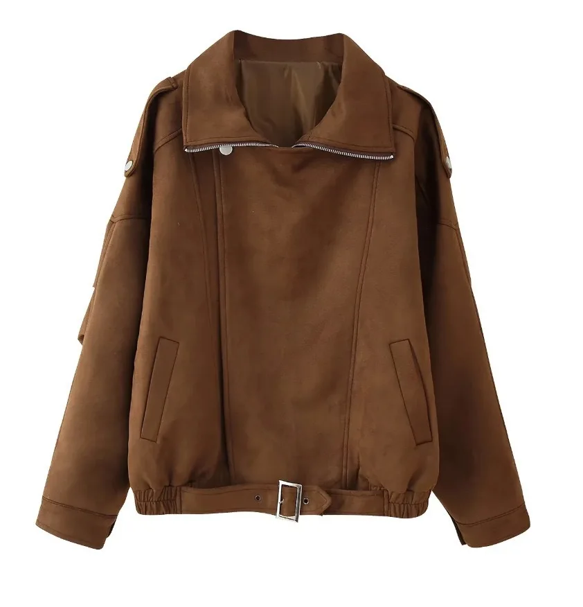 Lässige Kaffeebraune Kurze Jacke für Damen, Schicke Einfarbige Langarm-Jacke mit Reißverschluss und Taschen, Locker Geschnittene Cropped-Jacke 2026, Damen-Pendler-Streetwear-Mantel