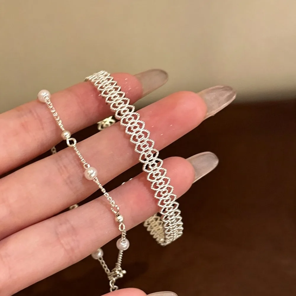 925 Sterling Silver Lace Hollow Open Cuff Bangle & Imitation Pearl Beaded Chain Bracelet Set for Women Stackable Hand Jewelry