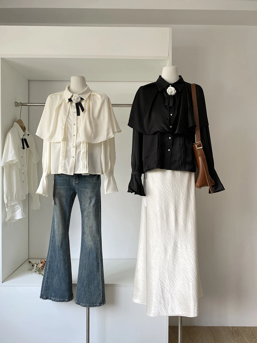 

Elegant Sweet Fashionable Pure Color Long Sleeve Shirt Women's Premium Style Chic Top French Style Slim Fit Polyester Fiber