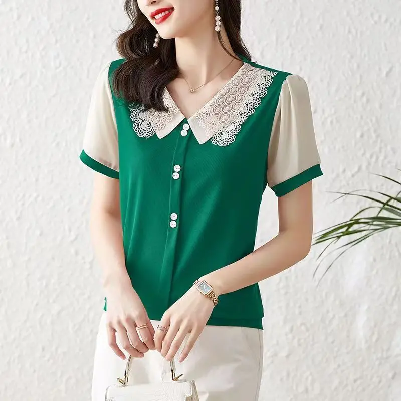 Office Lady Peter Pan Collar Chiffon T-shirt Summer Women's Clothing Button Spliced Fashion Short Sleeve Fake Two Pieces Tops