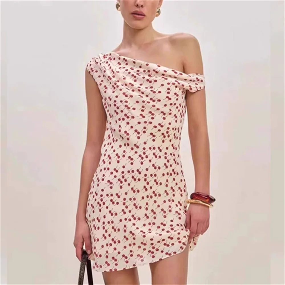 

French Cherry Print Slimming Single Shoulder Dress for Women Summer New Casual Strap Short Dress Fashion Casual Mini Robe