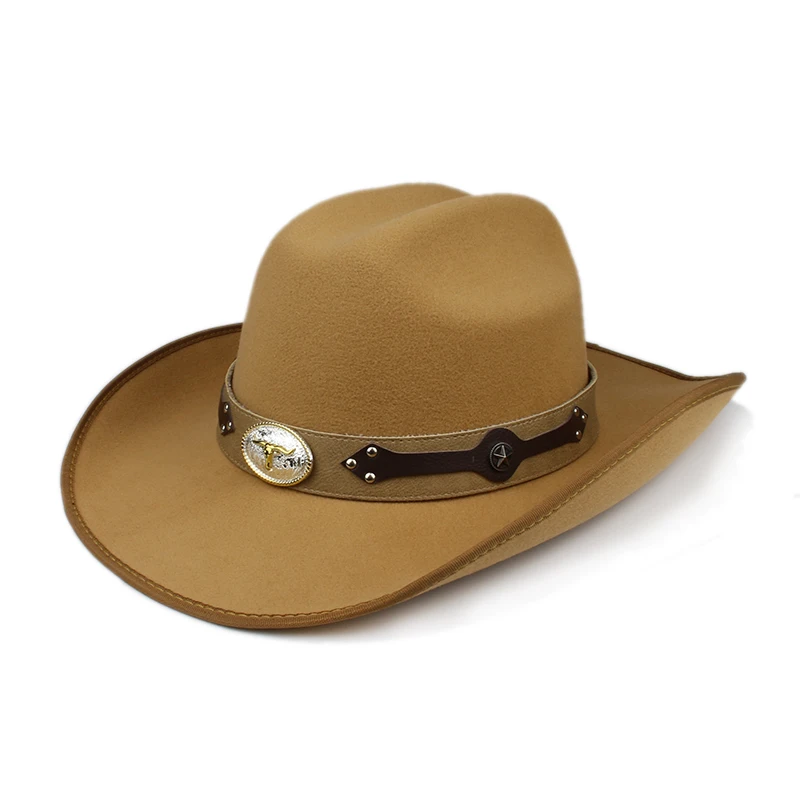 

Retro Classic Big Ox Head Leather Band Autumn Winter Warm Women Men Felt Yellowstone Cap Cowboy Hat 56-59cm Adjust