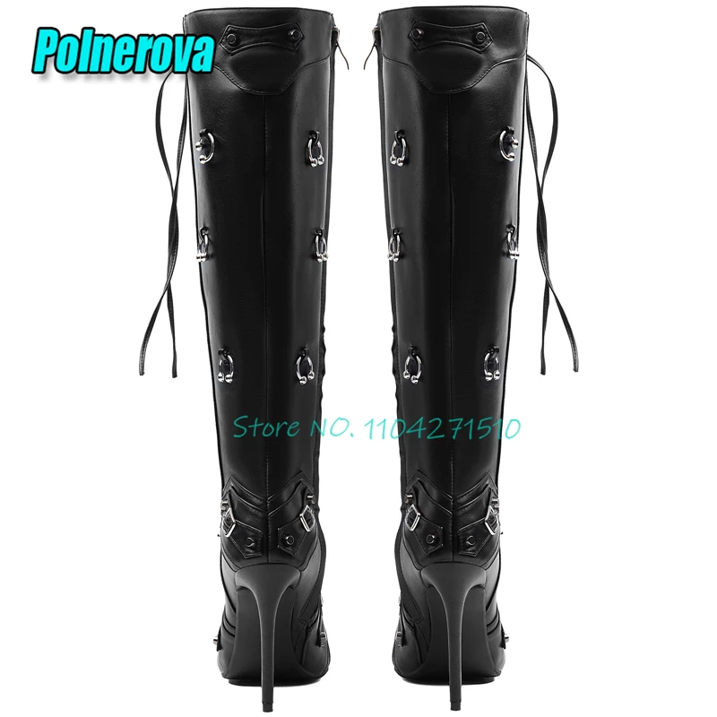 Fashion Designer Metal Ring Knee High Boots Sexy Pointed Toe Side Zipper High Heels Long Boots Party Nightclub Women's Shoes
