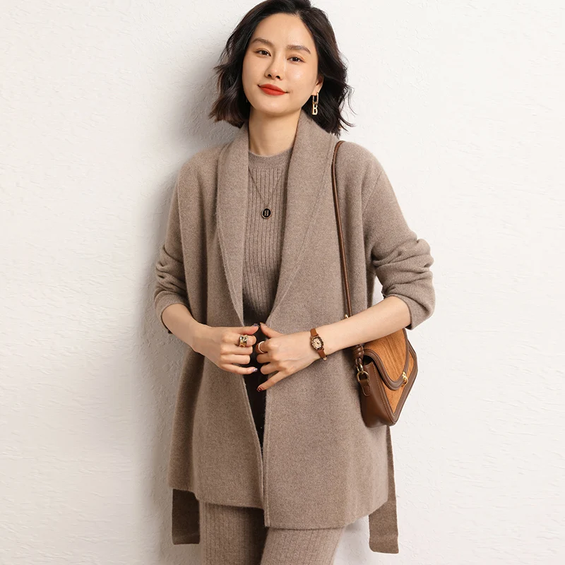 High-end 100% Cashmere Sweater Women Turn-down Collar Cardigan  Mid-Long Coat  Autumn Winter Thick Warm Loose Knitwear Clothing