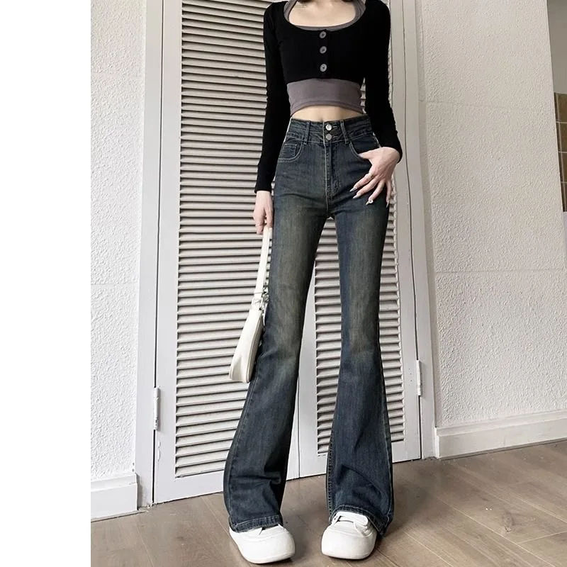 

Джинсы-колокольчики с высокой талией, женские эластичные утягивающие хлопковые эластичные джинсовые брюки синего цвета, осенние новые модные повседневные брюки