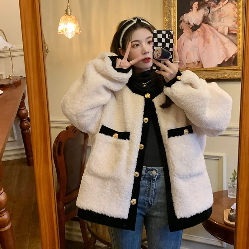 Jackets Women Lambwool Outwear Winter Thick Patchwork Streetwear Aesthetic Ins Pockets Fashion Cold Resistant Chaketas De Mujer