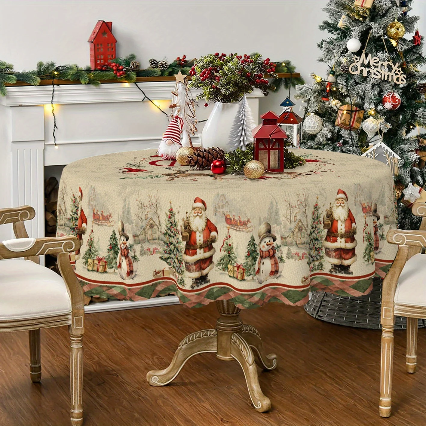 1 vintage Christmas tablecloth, Santa snowman Christmas tree tablecloth