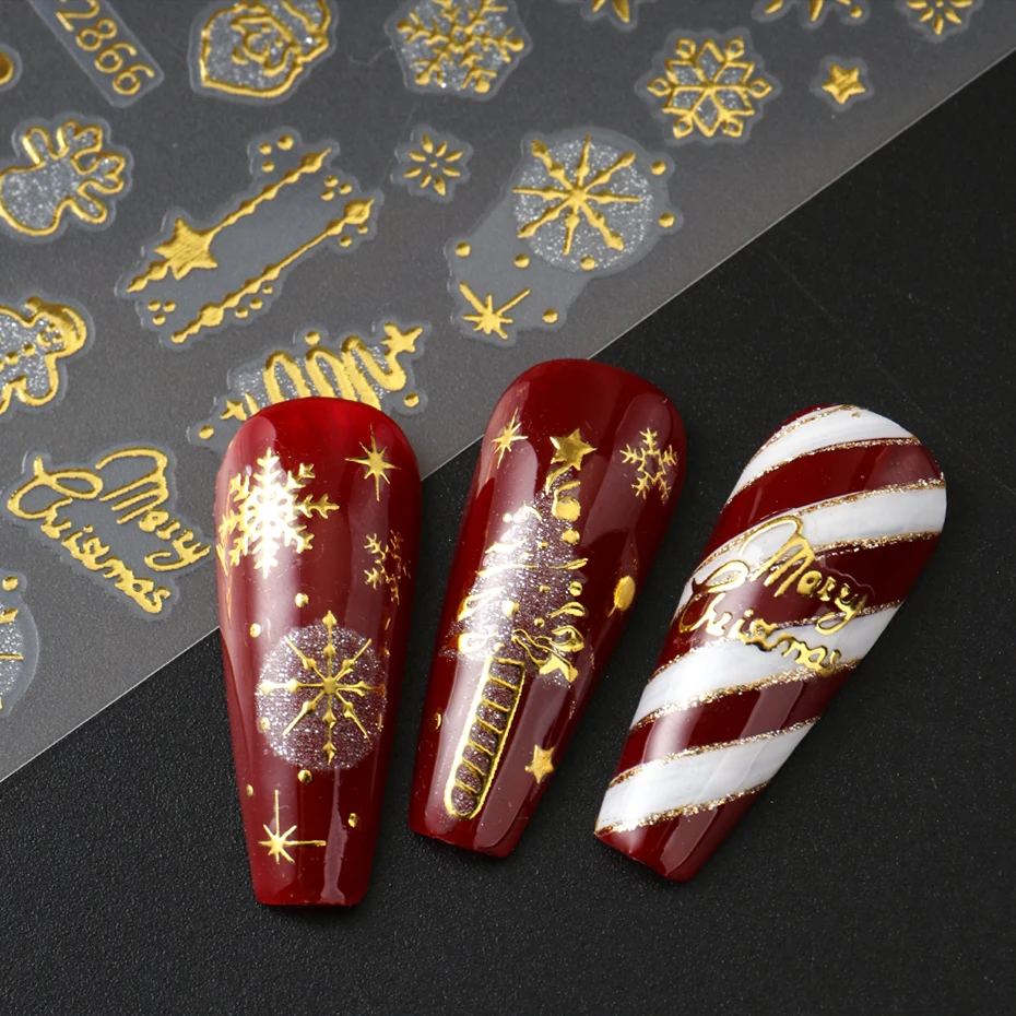 6 قطع من ملصقات أظافر عيد الميلاد - ذاتية اللصق ذهبية الشظية الساخنة ختم الشتاء ندفة الثلج، شجرة، قصب الحلوى تصاميم شارات الأظافر #6