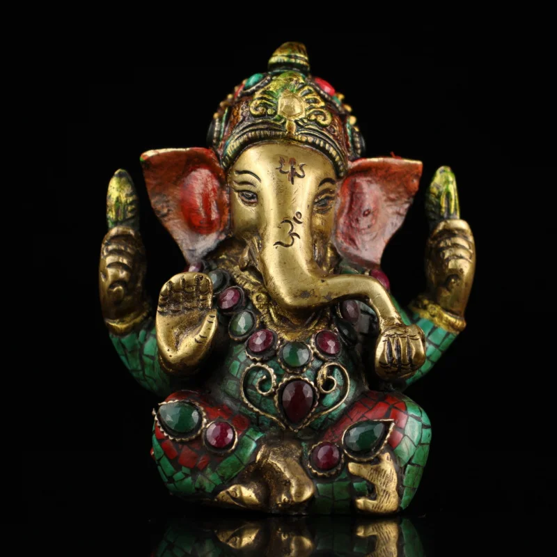 Copper Inlaid Gemstone Painted Gold Tibetan Tantric Elephant God Buddha Statue Antique Collectible Home Decor Craft Wholesale