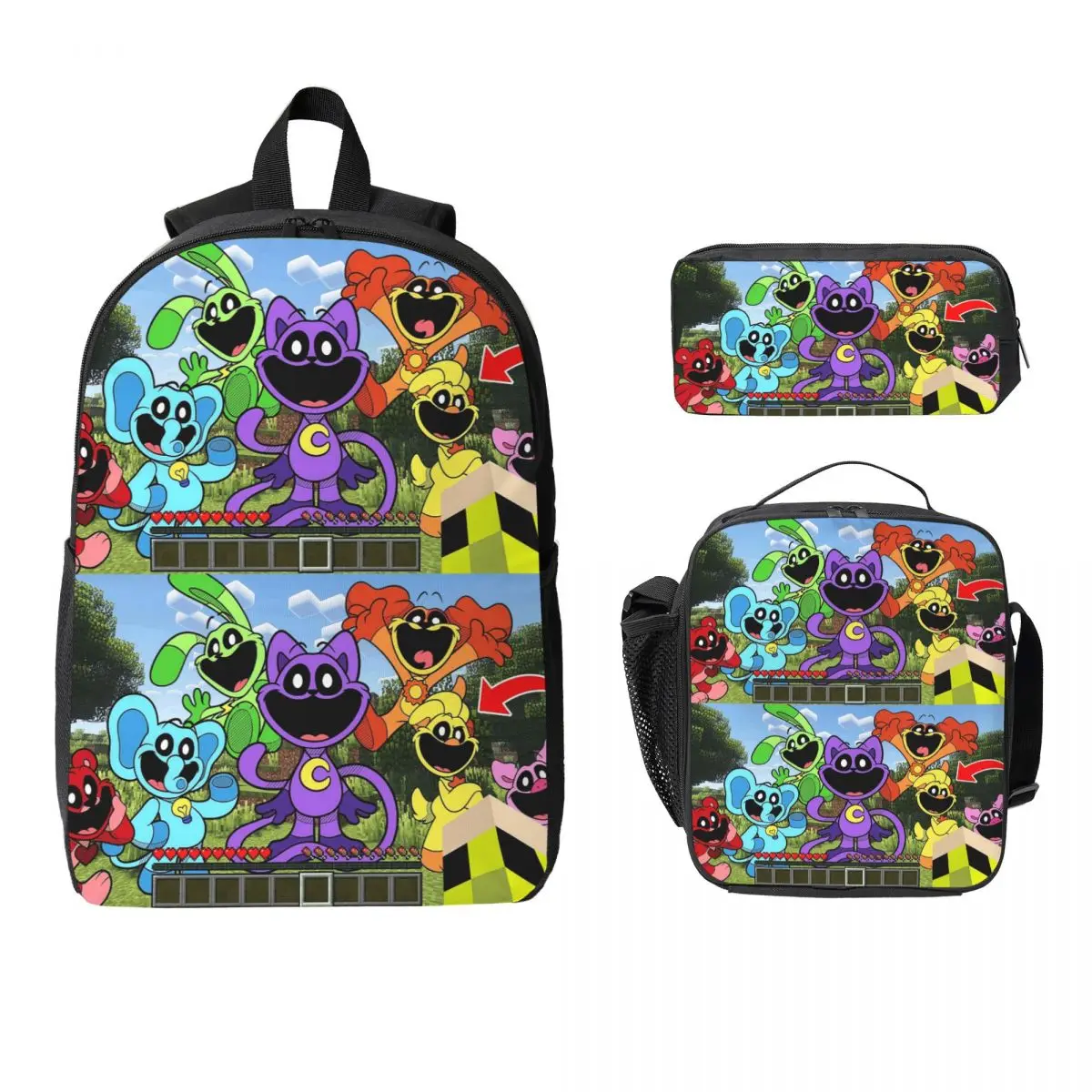 Smiling Critters Cartoon Game Backpack Student Boys Girls BookBag School Bag Shoulder Bags 3ps Insulated Lunch Bag Pencil Case