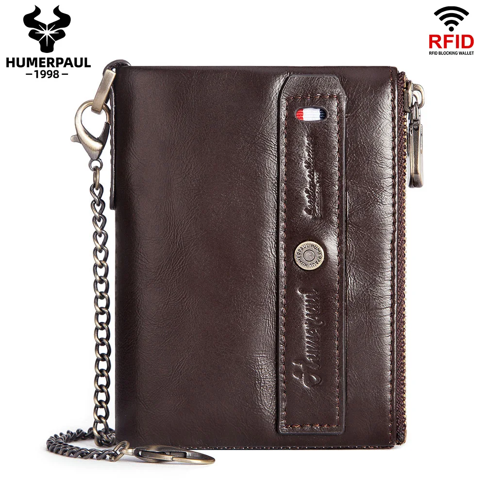 Genuine Leather Wallet for Men Fashion Anti-Theft Zipper Purse with Business Card Holder RFID Protected Luxury Male Purses