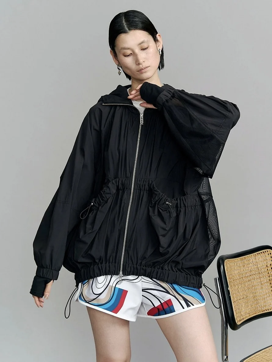 Functional Style Hooded Jacket Mesh Splicing Drawstring Loose Large Pocket Open Cardigan Women's Short Outerwear Coat
