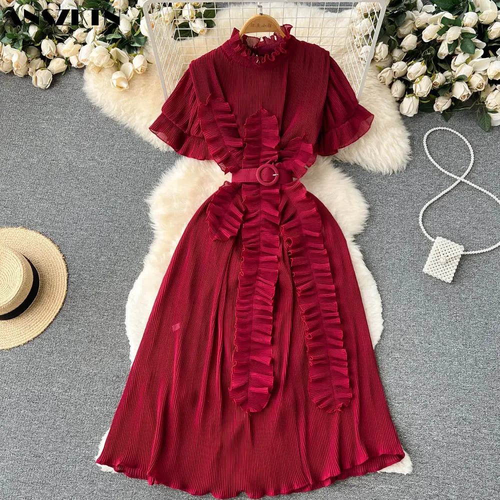 Summer Chiffon Dress Slim Fit Slimming Elegant Sleeveless Dress Ruffled Waist-controlled Large Women's Long Dress