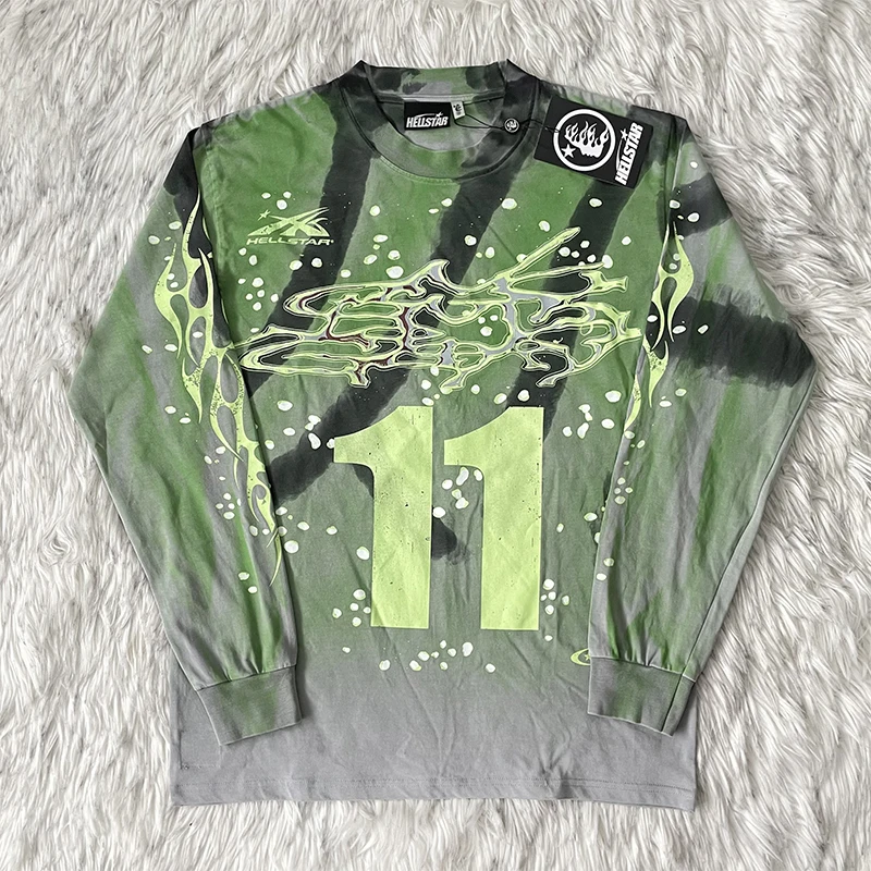 Hellstar Studios Moto Cross Long Sleeve Tie Dye Casual T-Shirt Cotton Standard Fit Youthful Trend Spring Autumn Wear