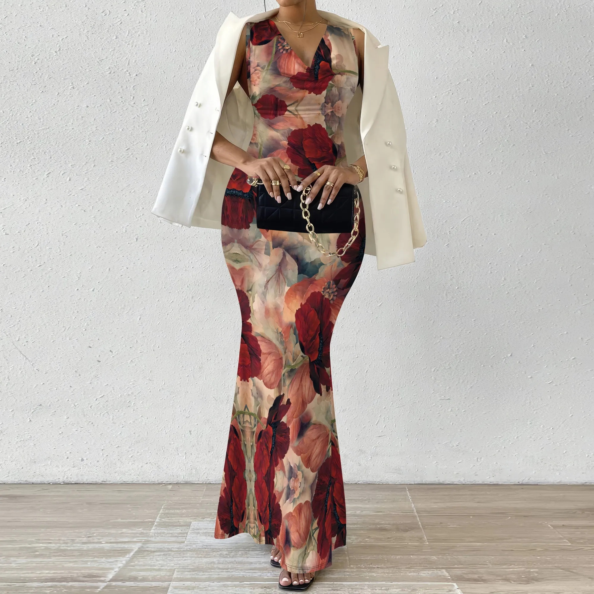 Vestido largo sin mangas con cuello en V para mujer Vestido de fiesta de noche elegante con estampado floral rosa vintage rojo