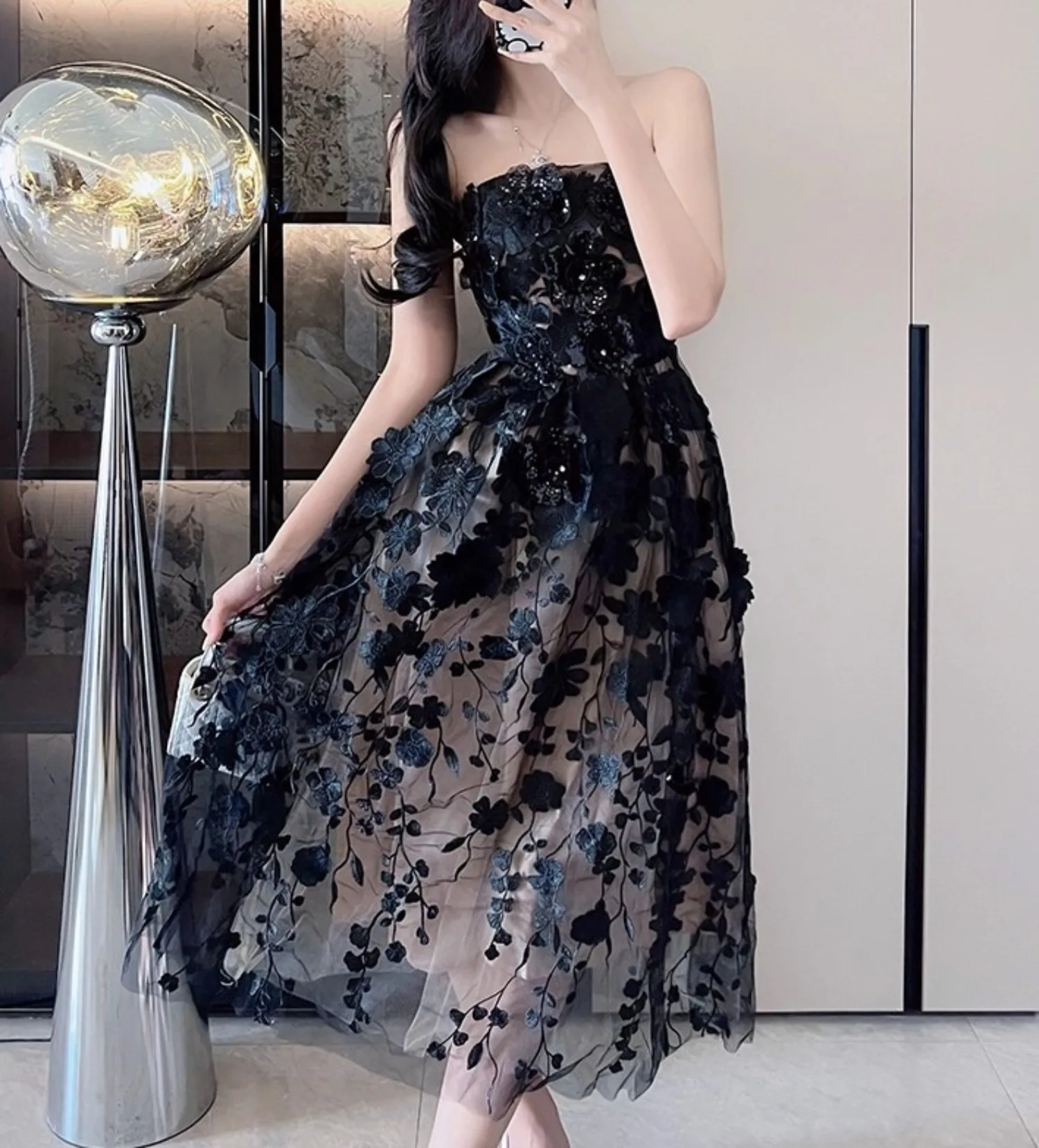 Vestido negro de malla con bordado Floral para mujer, Vestidos sin mangas para fiesta de vacaciones de verano, ropa de calle ajustada, ropa de fiesta para mujer