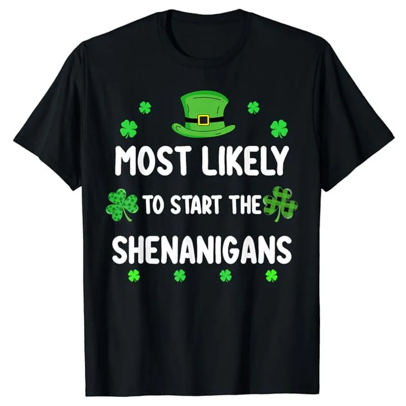 

St Patricks Day Shamrock Most Likely To Start The Shenanigan T-Shirt Leopard Shamrock Graphic Tee Tops Family Matching Clothes