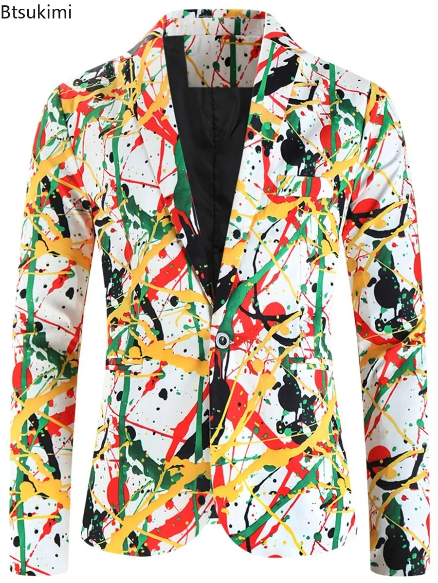 2026 Fashion Printed Suit Jackets Men's Long Sleeve Single Button Lapel Blazer Coats Casual Business Slim Suit Coats All Seasons