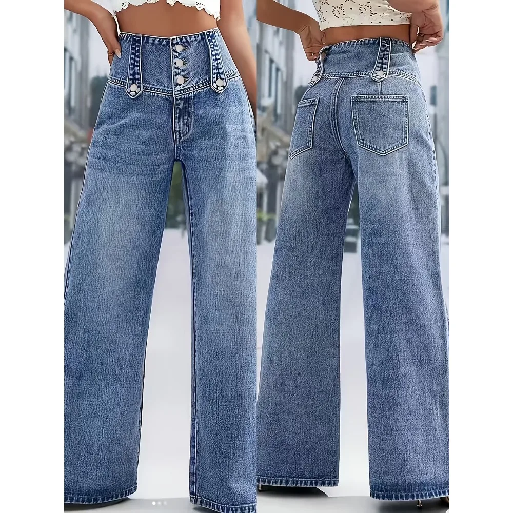 Hong Kong Feng Shui washed high-waisted, big-eared jeans with straight mop, split and slim jeans for ladies.