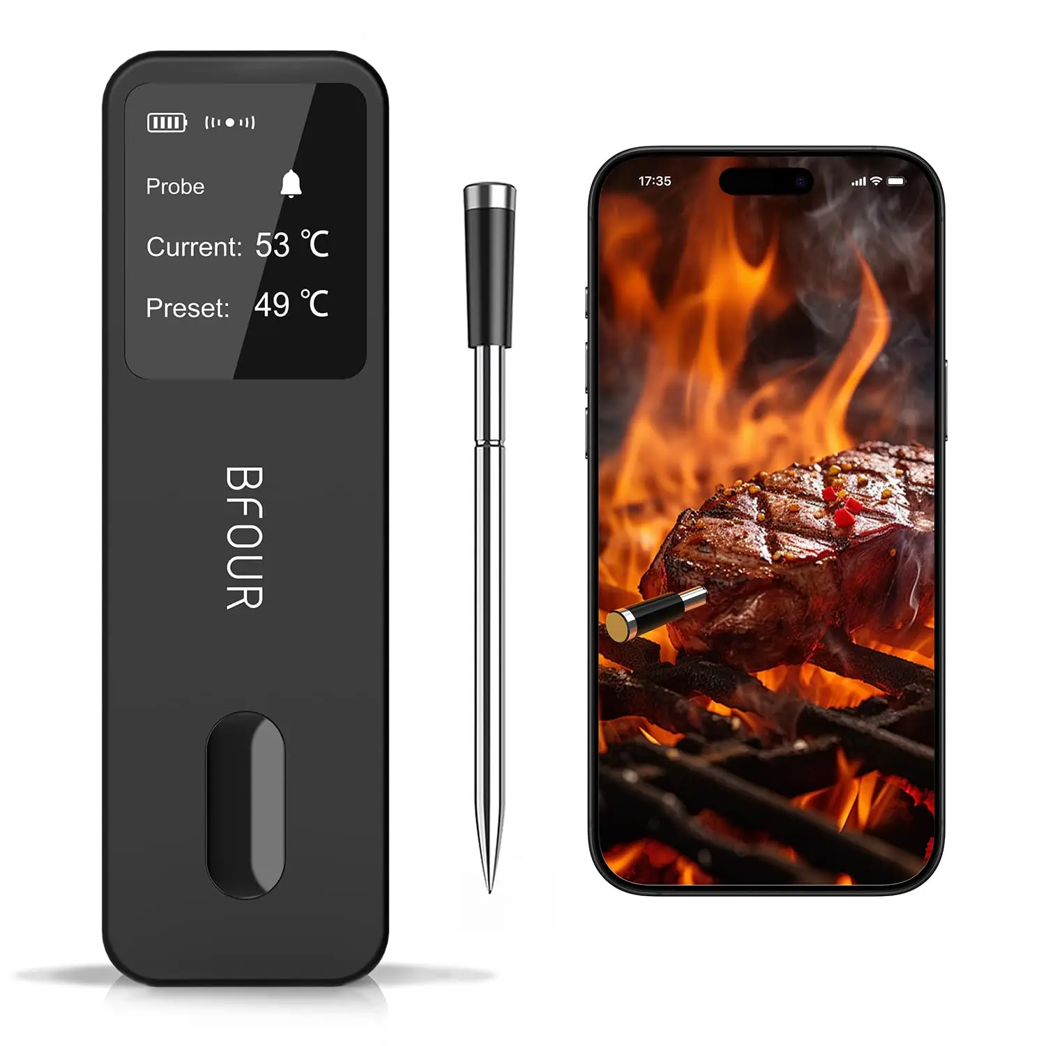 Wireless Meat Thermometer Bluetooth Probe Rechargeable Food Thermometer with LCD Screen & Booster for BBQ Oven Rotisserie