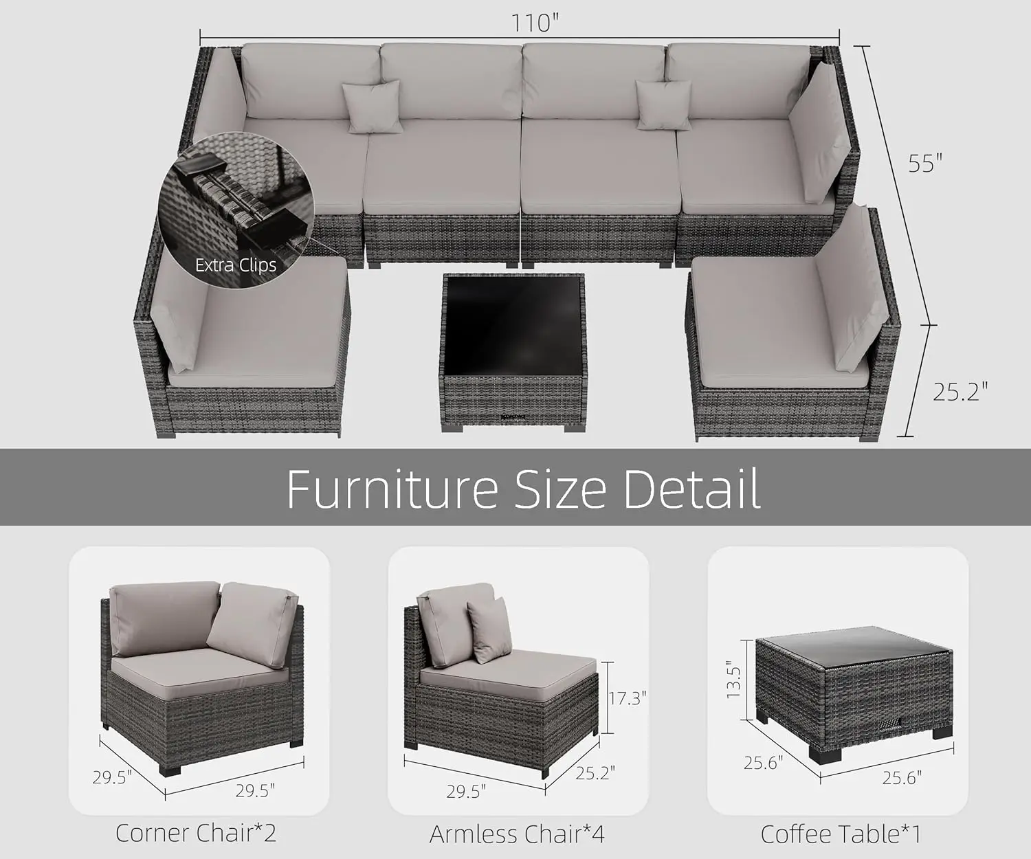 PE Rattan exterior secional Sofá, Mobília do pátio Set com almofada e mesa de café, 7 PCs