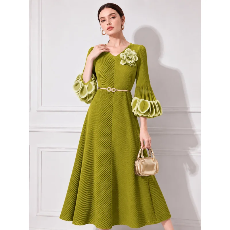 Miyake Pleated V-neck Dress Gradual Change Contrasting Color Horn Sleeve Disc Flower Waist Long Dress Light Luxury Women's