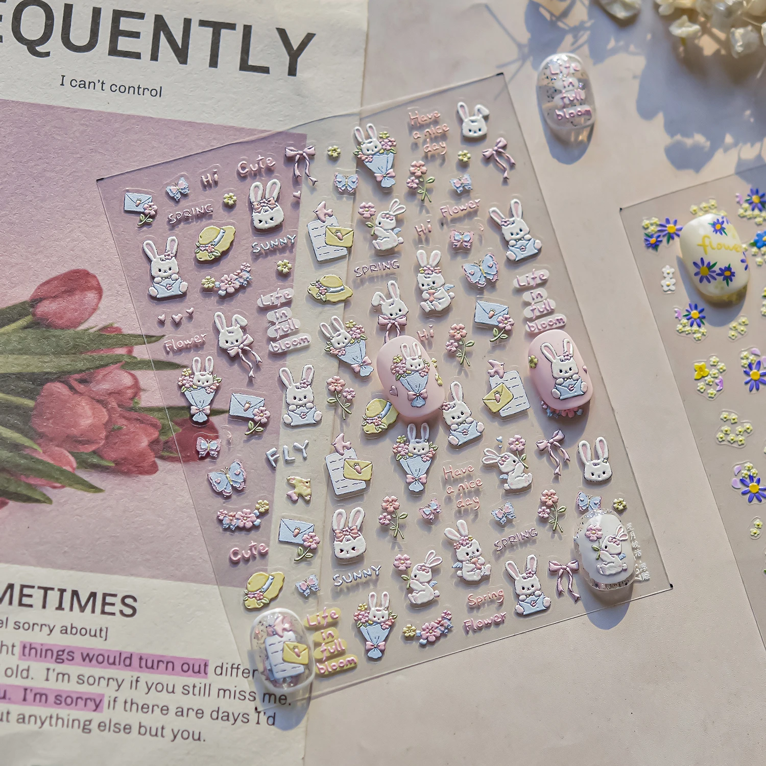 1 個 5D パステルかわいいウサギのネイルステッカー弓ディテールマニキュアアクセサリー自己粘着スイートデイリースタイリングガーリーステッカー