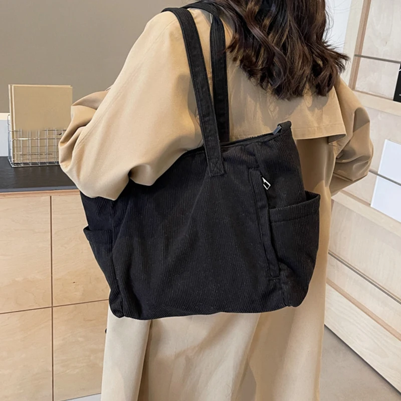 Women Corduroy Tote Bag, Casual Multi Pocket Zipper Handbag Adjustable Strap Crossbody Shoulder Bag for Fall Winter Daily Use