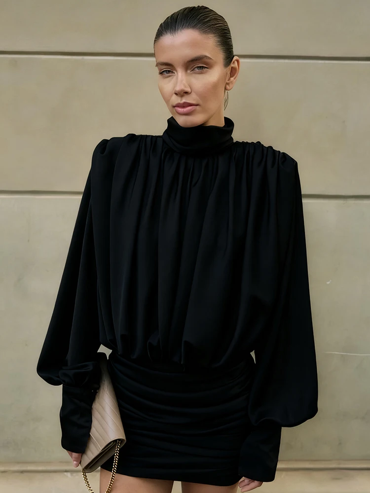 Nibber Autumn New Style Mini Dress Woman Silky Satin Turtleneck Full Sleeve Backless Skinny High Stretch Ruched Elegant Bodycon