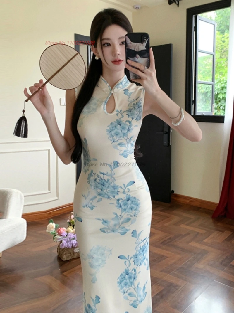 

Китайское сексуальное платье 2021, национальное платье Cheongsam без рукавов с цветочным принтом, вечернее платье, традиционное платье Ципао для ночного клуба, платье