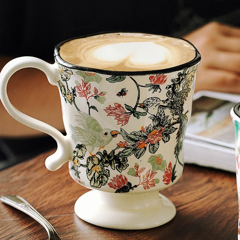 

European Affordable Luxury Retro Style High Temperature Firing Ceramic Handmade Milk Goblet With Handle Hand Drawn Illustration