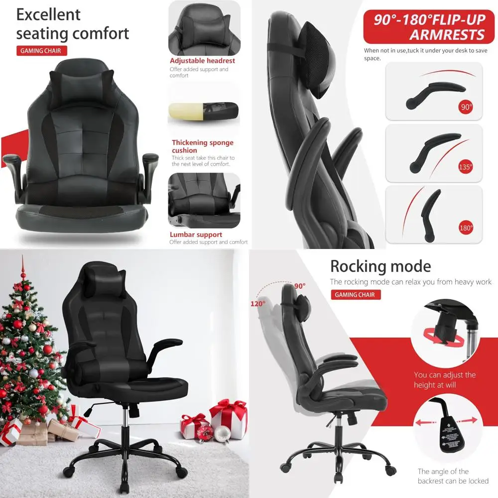 Ergonomic PU Leather Gaming Chair for Adults - Comfortable Computer Desk Chair with Flip-Up Armrests and Long-Term Use Support