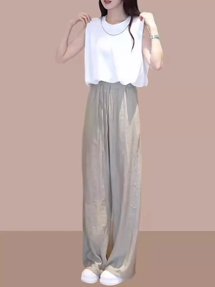 Fashionable Summer Outfit Women's Sleeveless round Neck Loose Wide Leg Pants Set Draping Style Age Reducing Elegant Two Piece