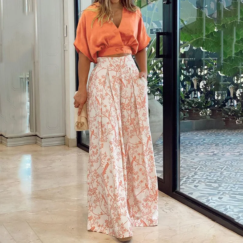 Casual Vintage Office Lady Suit Summer Deep V-Neck Short Sleeve Crop Top With Elastic Waist Print Loose Wide Leg Pants 2-Piece