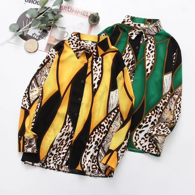 Camicetta da donna allentata a maniche lunghe in Chiffon con scollo a Polo Vintage con stampa leopardata camicetta da donna di moda coreana top 2024 primavera