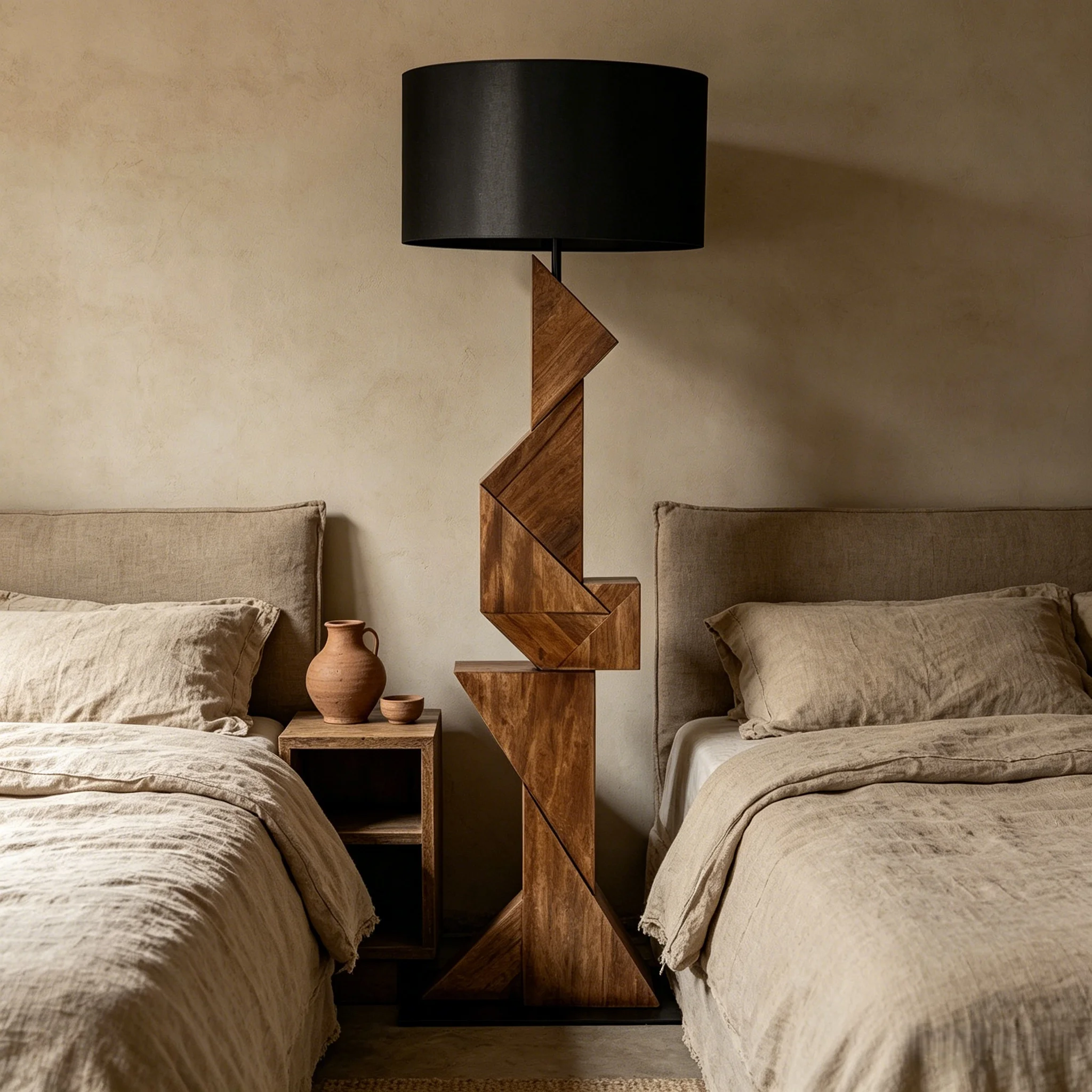 ！@Wood Carving Art Floor Lamp-Abstract Geometric Handcrafted Wooden Lighting Ornament L40*H132cm Modern for Living Room