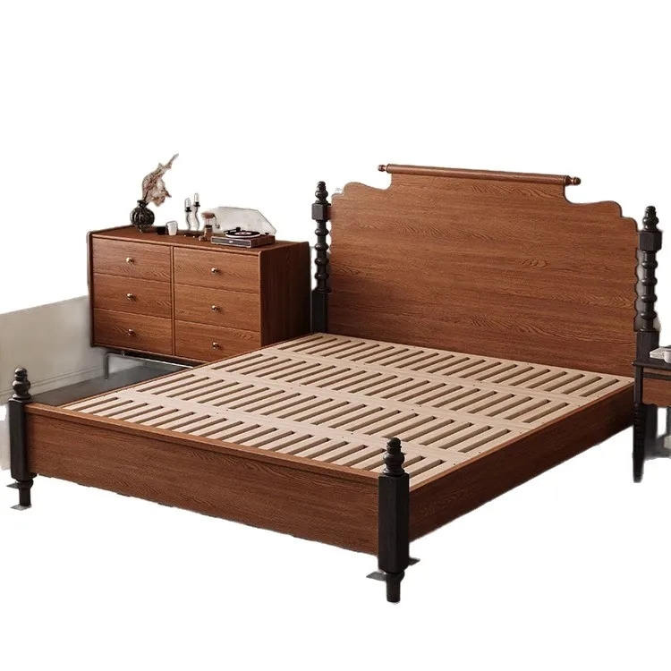 

French retro ash wood solid wood bed 1.5 meters 1.8 meters American carved double bed full bedroom furniture wedding bed