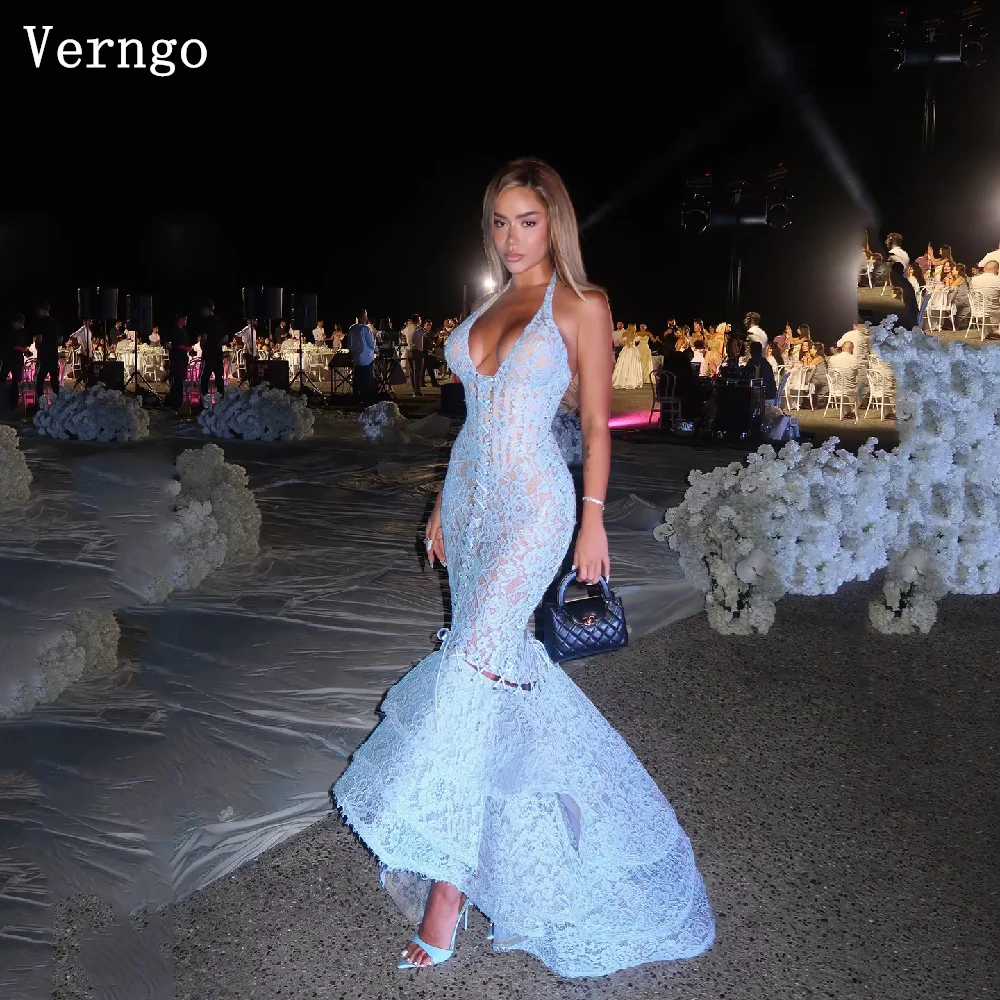 Verngo Luxury Sky Blue Lace Prom Dress Halter Mermaid Floor Length Party Dresses Sexy Lace Up Prom Evening Dress Customized