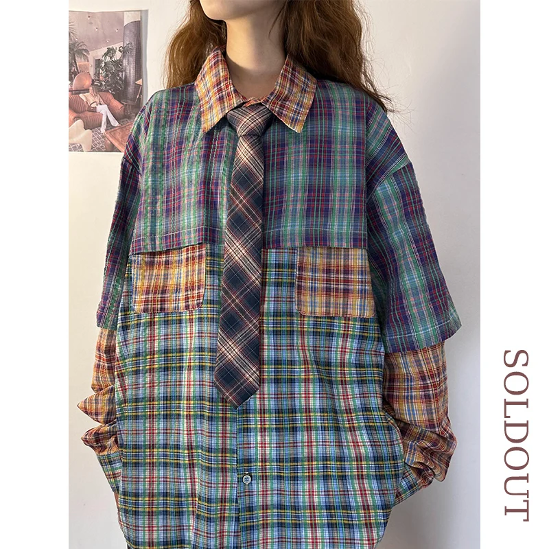 

Оригинальная американская ретро-рубашка в клетку с длинным рукавом для женщин, весна-осень, свободный крой, дизайнерский топ в уличном стиле, из чистого хлопка, на пуговицах