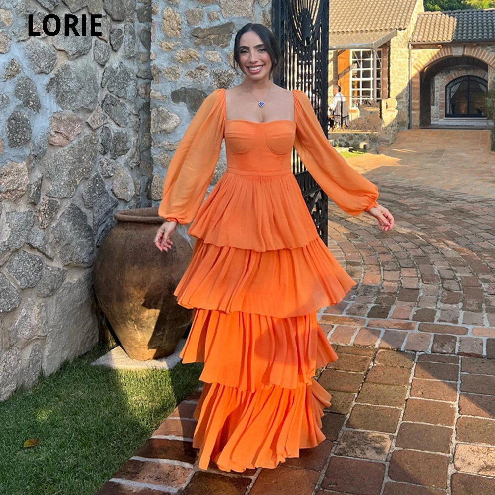 Lorie Oranje Gelaagde Chiffon A-Lijn Galajurken Dubai Vestidos De Noche Mouwloze Lange Mouwen Gewaden De Soirée Feestjurken