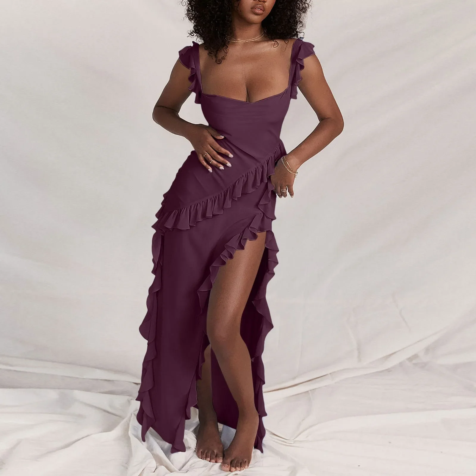 BWQ レディーススパゲッティストラップハイスリットボディコンマキシ女性カジュアルラウンジスリップビーチドレスセクシーなボディコン背中の開いた A ラインビーチドレス