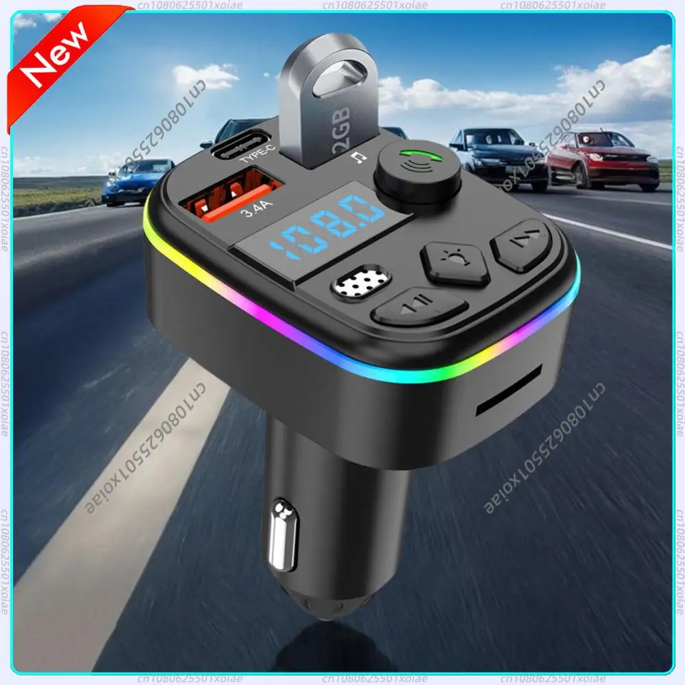Hands-Free Calling Car FM Transmitter 3.4A Dual USB Type-C Charger Bluetooth 5.3 TF Card U Disk MP3 Player Car Adapter