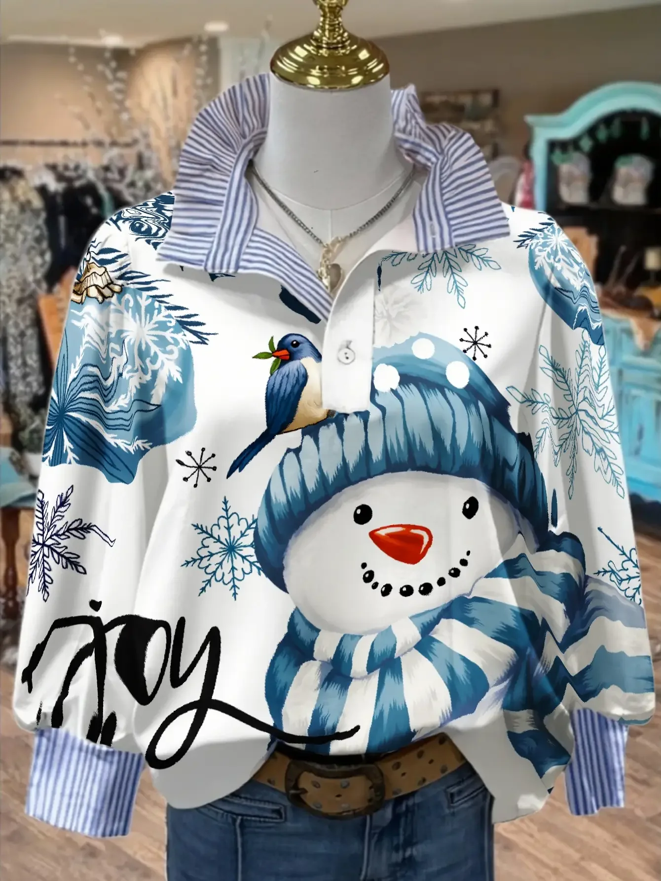 Women's striped fashionable shirt with multi-color striped collar and half button shirt pattern,Beautiful Castle Pattern