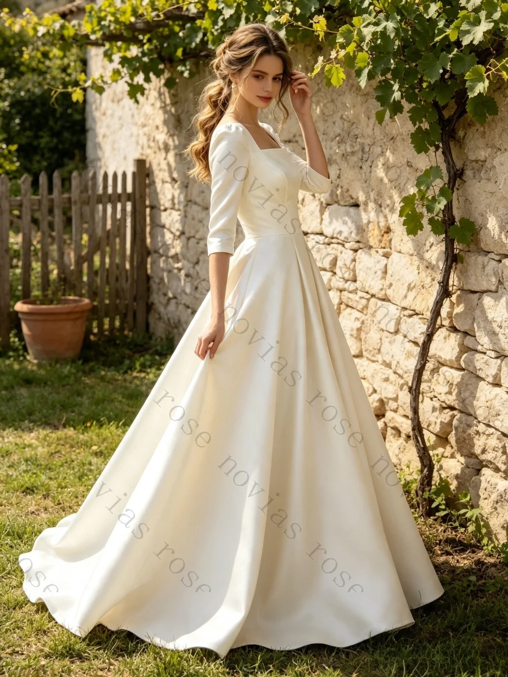 Customized Square Neck Three Quarter  Ballgown Wedding Dress Classic Minimalist Chapel Train Modest Bridal Gown For  Wedding