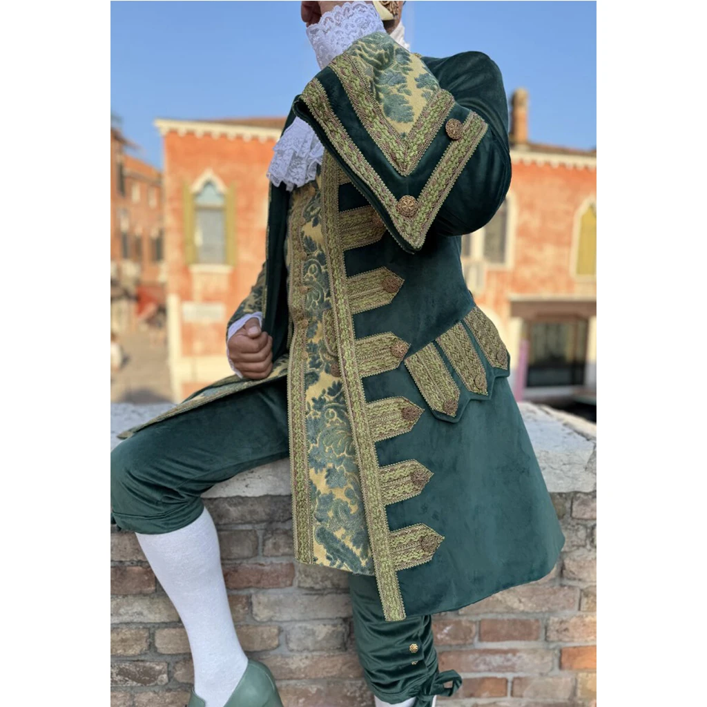 Traje verde de rey María Antonieta del siglo XVIII hecho a medida, traje italiano de Carnaval de Venecia para hombre, traje con máscara de Mardi Gras