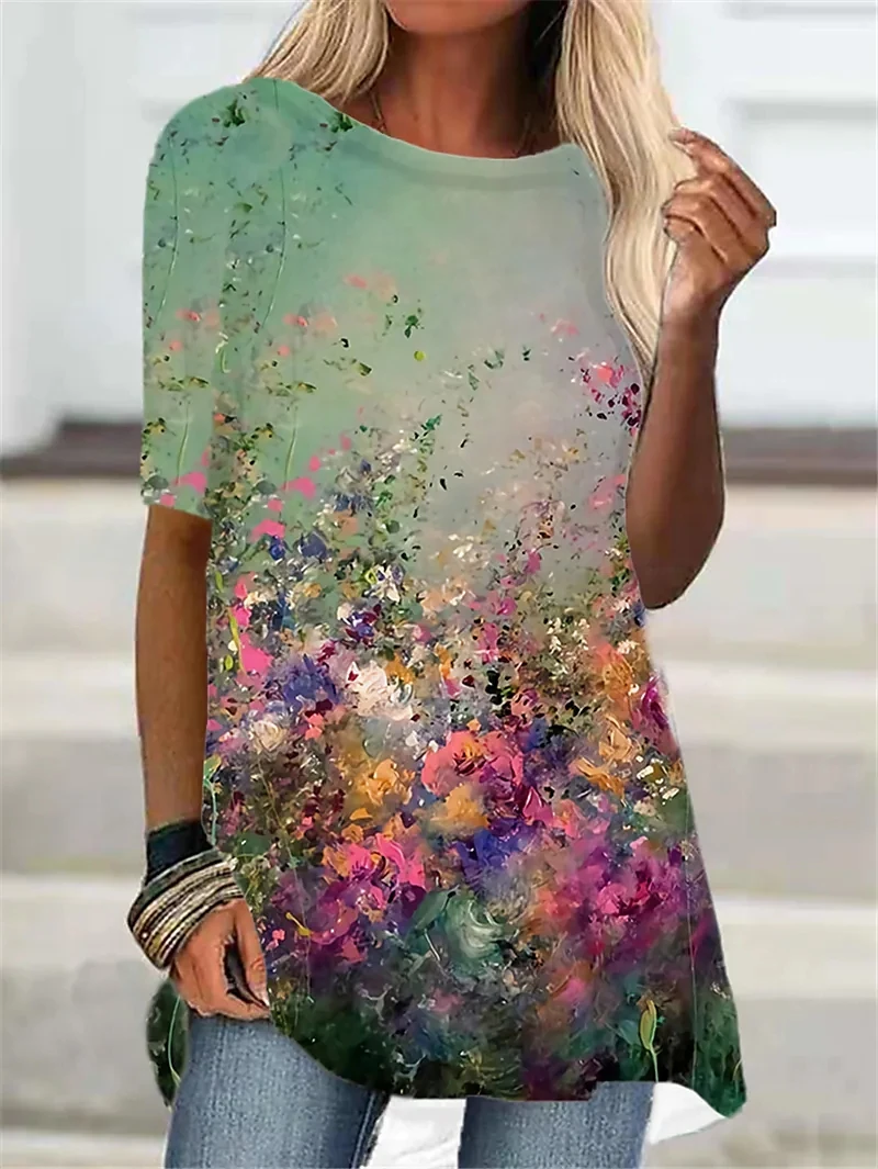 2023 Summer Elegant Womens Floral Printed Fashion T-shirts Ladies Tops Tees Vintage Casual Loose Women Shirt Top Shirts Floral