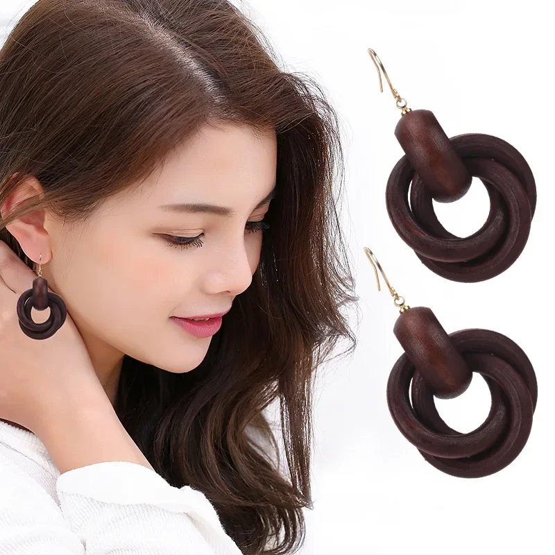 European and American Wind Round Spiral Fashion Wooden Earrings Female Ring Temperament National Wind Earrings Earrings