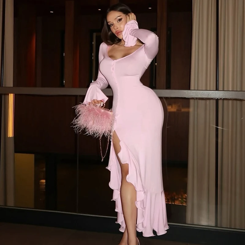 

Ticketsx Elegant Ruffle Split Slim Long Sleeve Dress Women V-neck Patchwork Button Decoration Vestidos Autumn Club Evening Dress