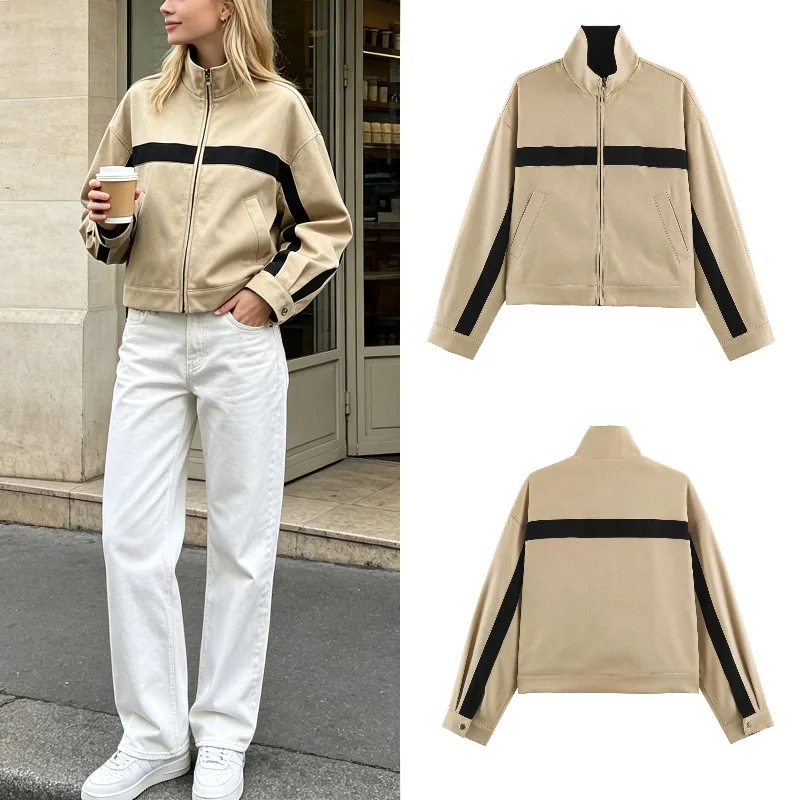 Minimalist Khaki Long Sleeve Zipper Jacket Women 2026 Autumn New Simple Parka Outerwear Personalized Fashion