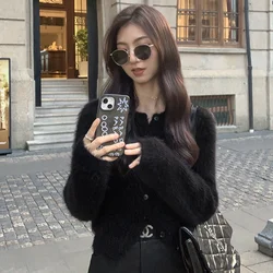 Retro Chic Crew Neck Cardigan Sweater Women's 2024 Autumn Winter New Fluffy Plush Cropped Cardigans Tops Y2k Streetwear